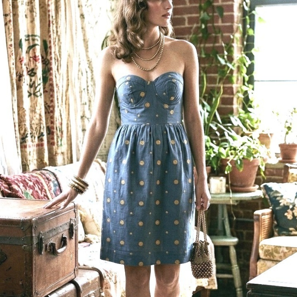 Floreat Anthropologie Women Sz 4 Strapless Bustier Cotton Dress Pocket Embroider